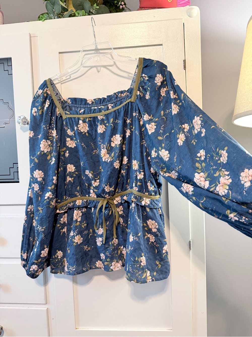 Hayden Navy Floral Peasant Blouse with Olive Trim